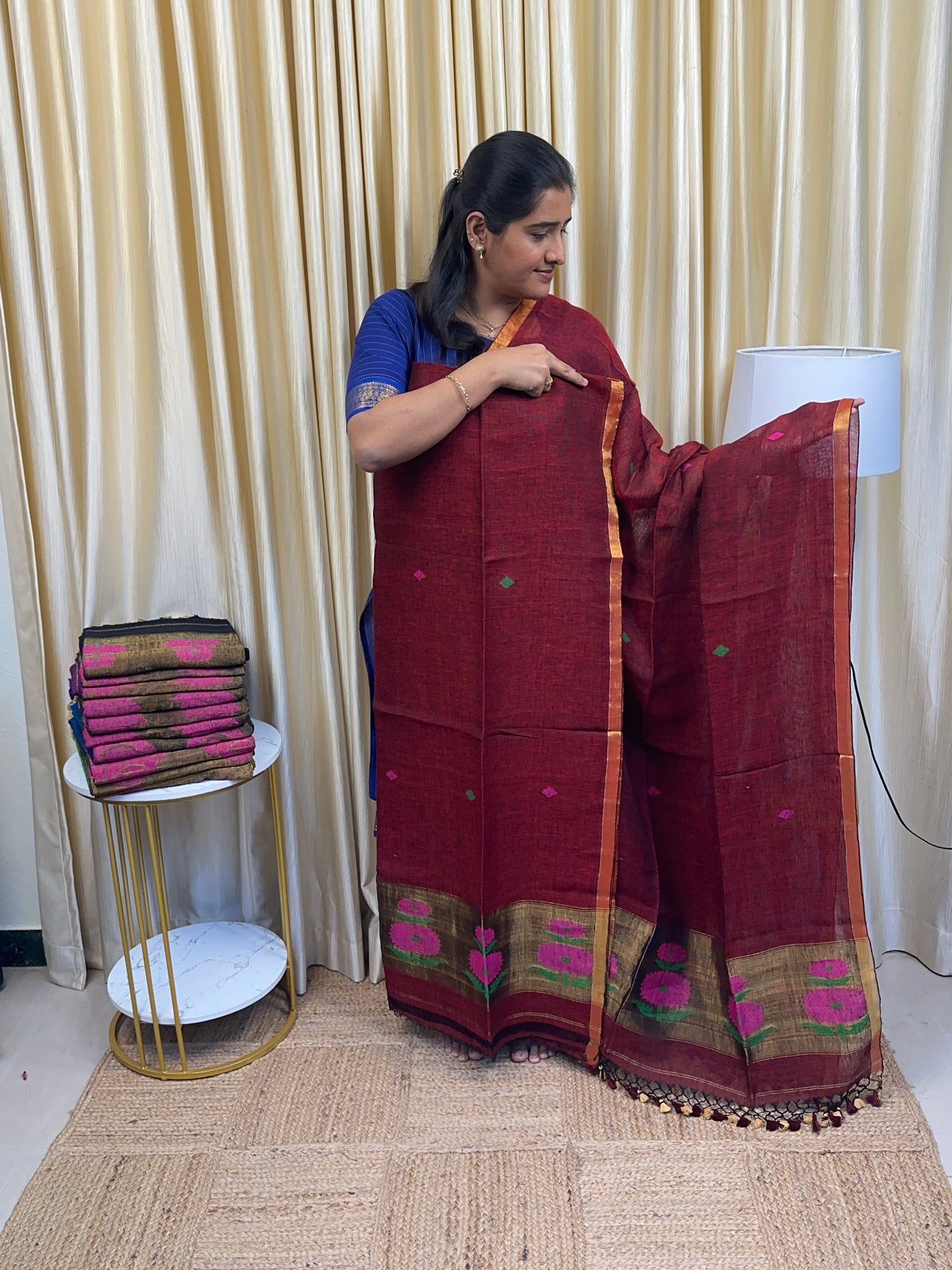 Linen Paithani Jamdhani Sunflower[Handwork]-Maroon