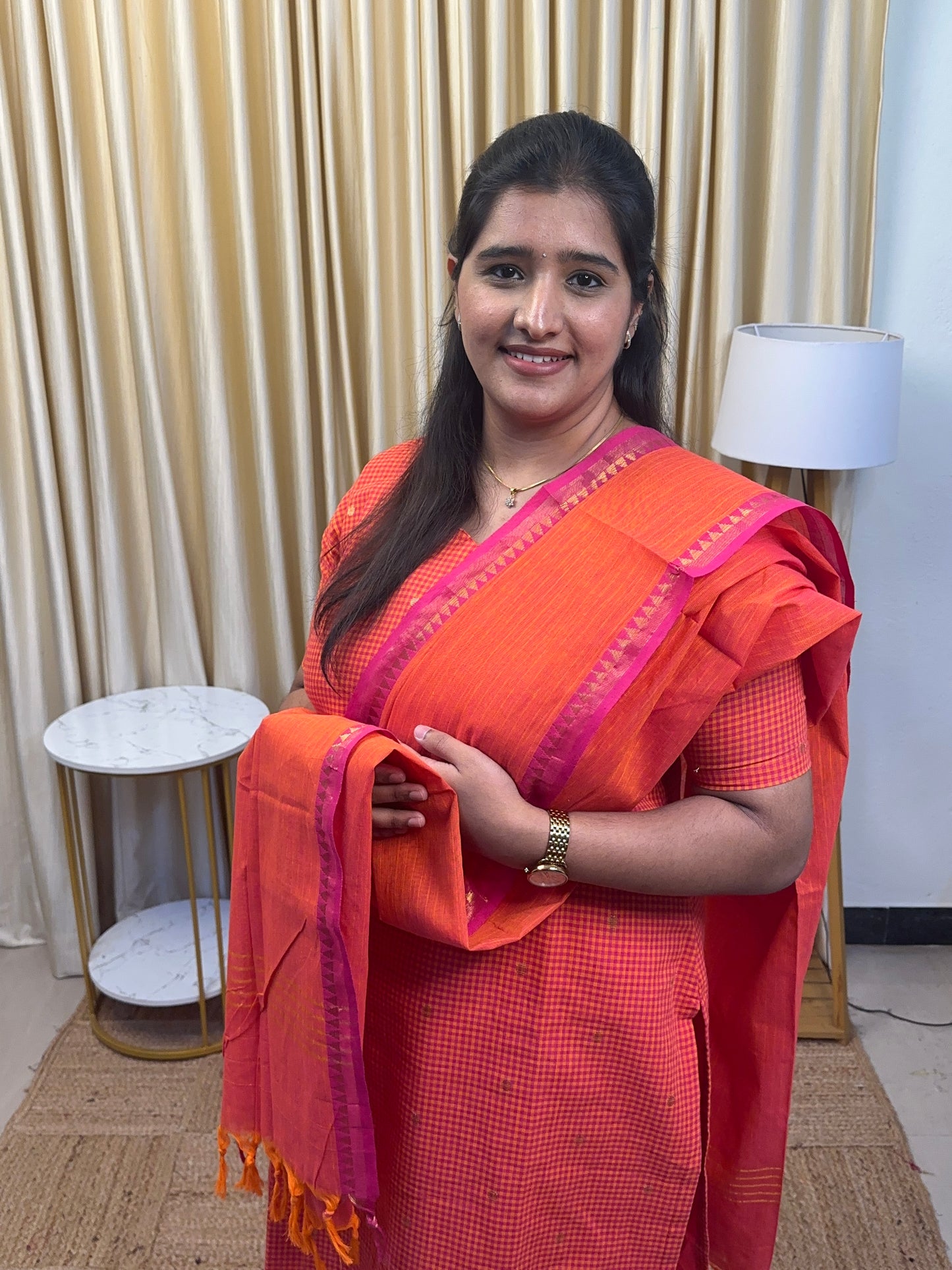 Kandangi check -South cotton 3 piece set- orangish pink