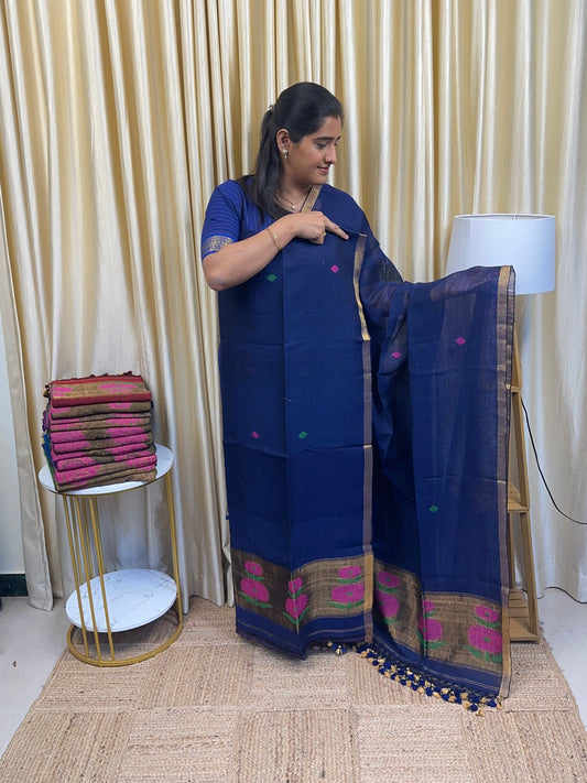 Linen Paithani Jamdhani Sunflower [Handwork]- Royal Blue