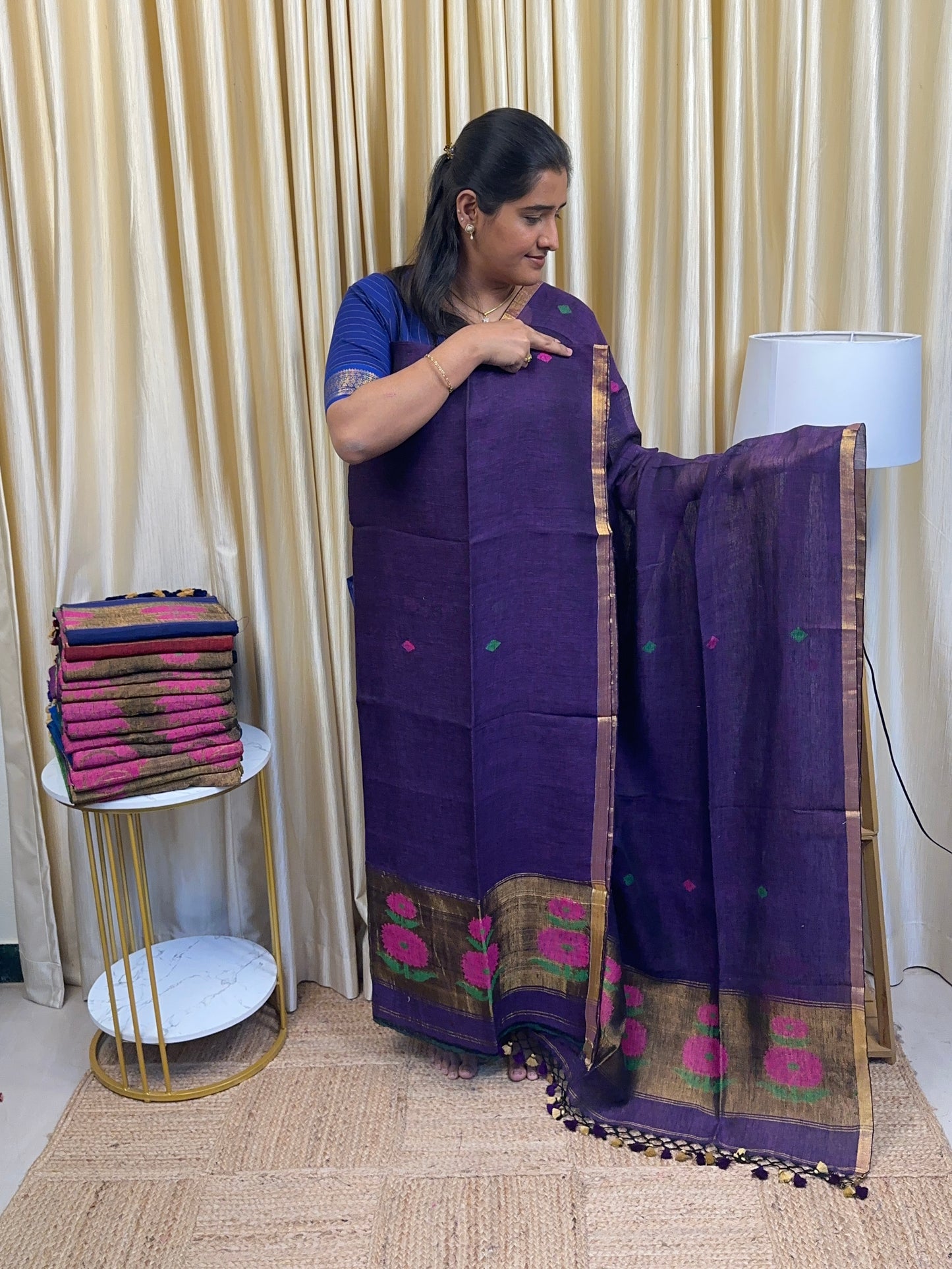 Linen Paithani Jamdhani Sunflower [Handwork]-Violet