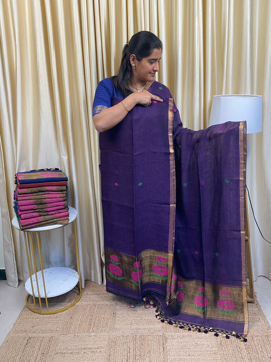 Linen Paithani Jamdhani Sunflower [Handwork]-Violet
