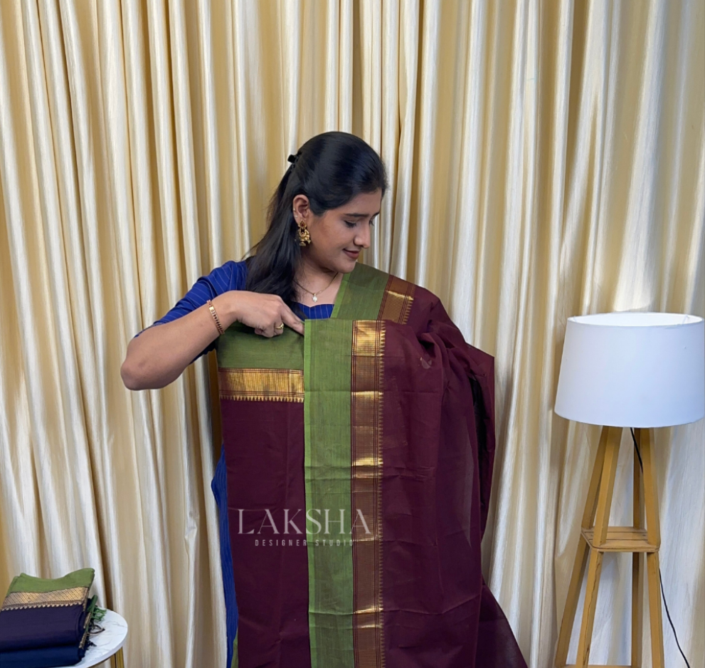 Coffee brown and green Chettinad unstitched suit