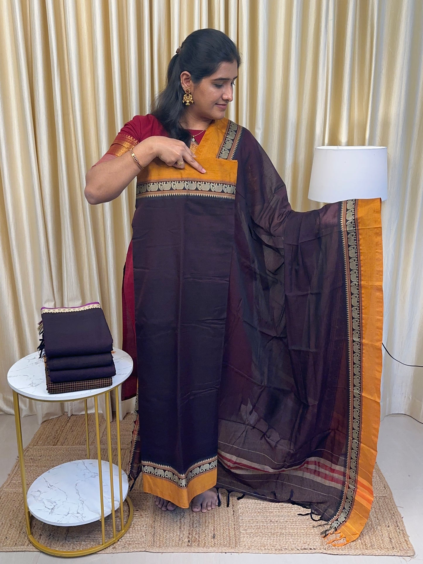 Roasted plum and mustard elephant border Narayanpet suit