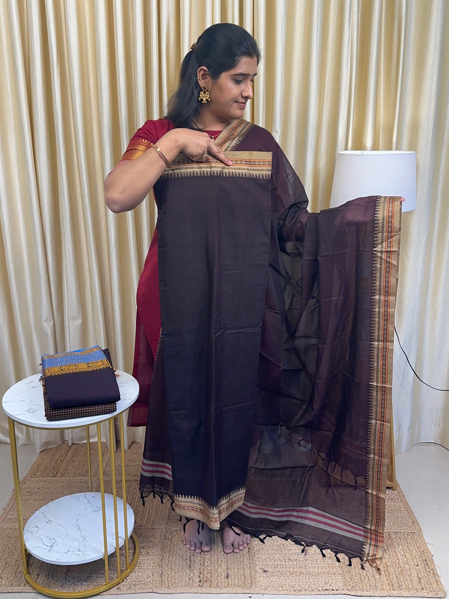 Roasted plum and beige small border Narayanpet suit