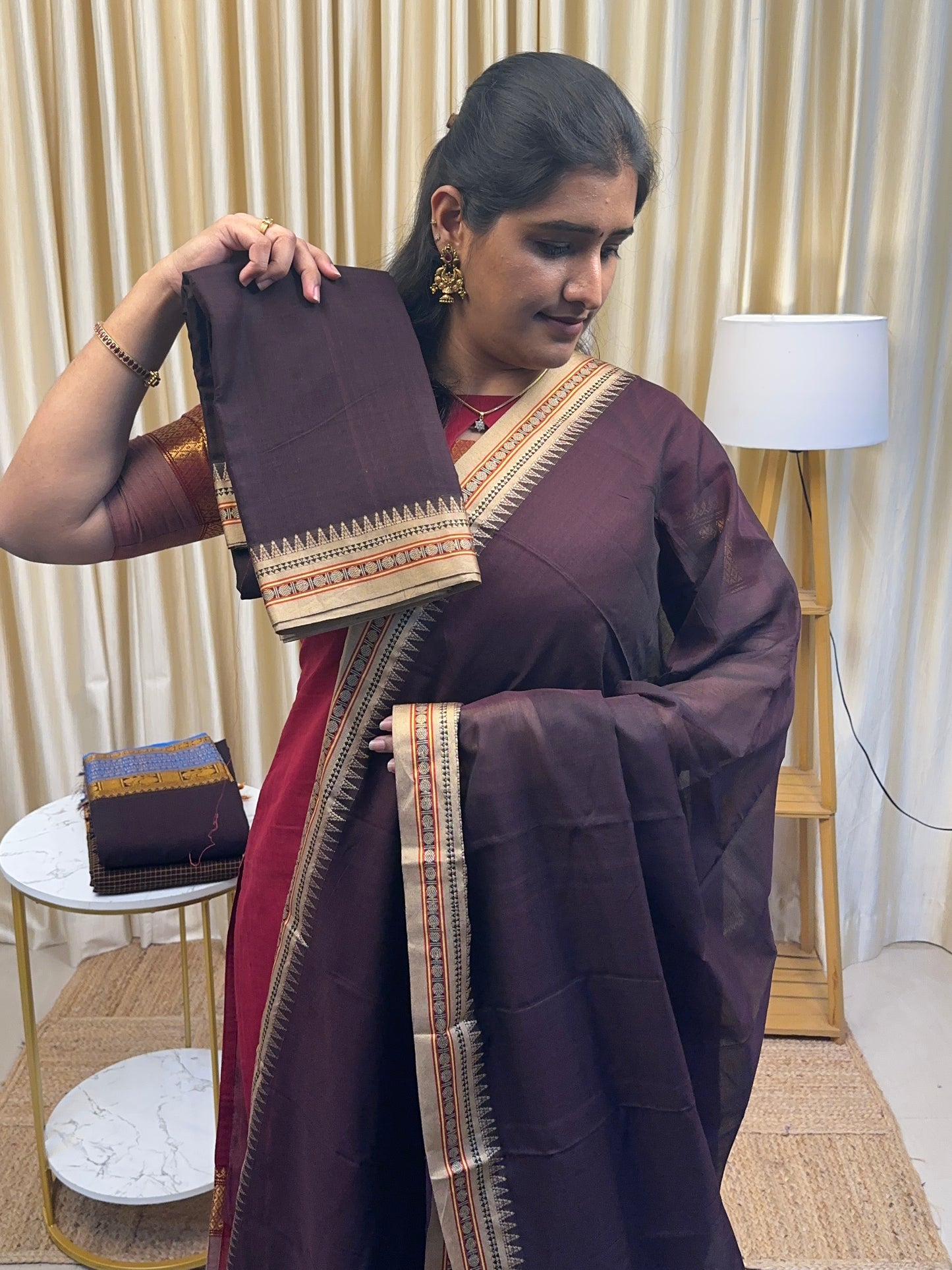 Roasted plum and beige small border Narayanpet suit