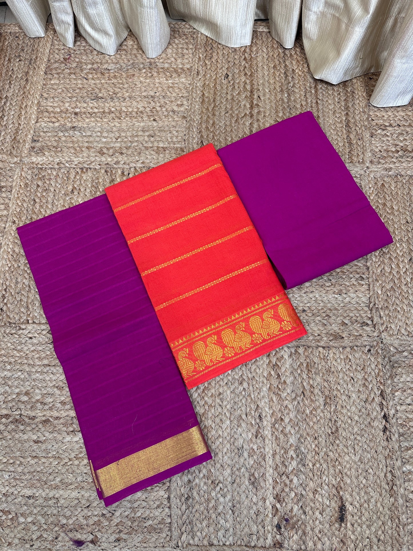 Madurai Sungudi 3 piece set(veldhari Blush with Pink)-MS16