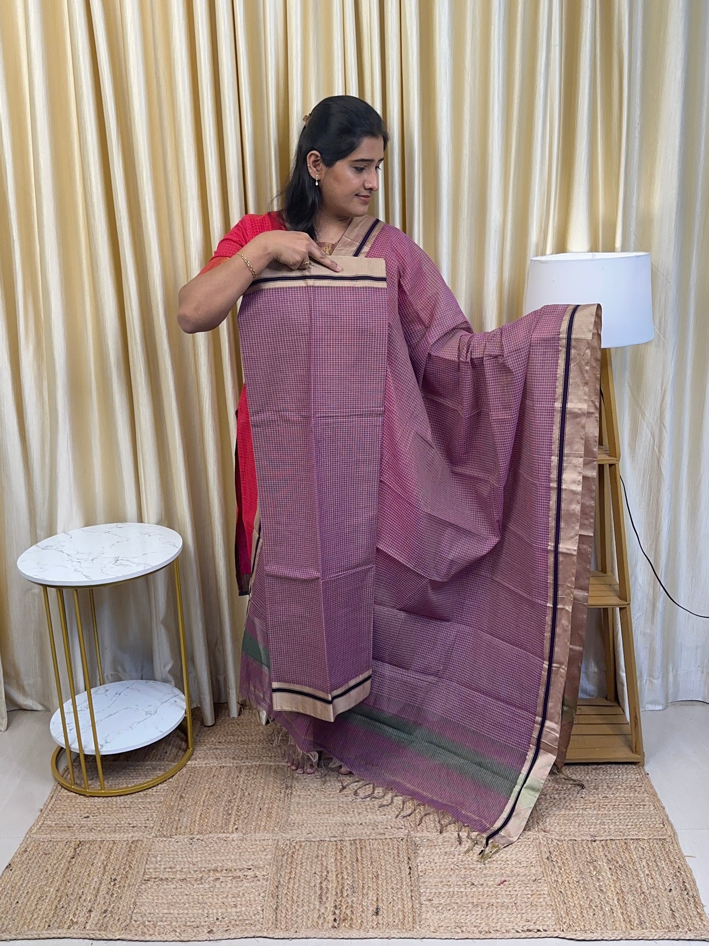 Lilac Checks Fusion kanchi cotton