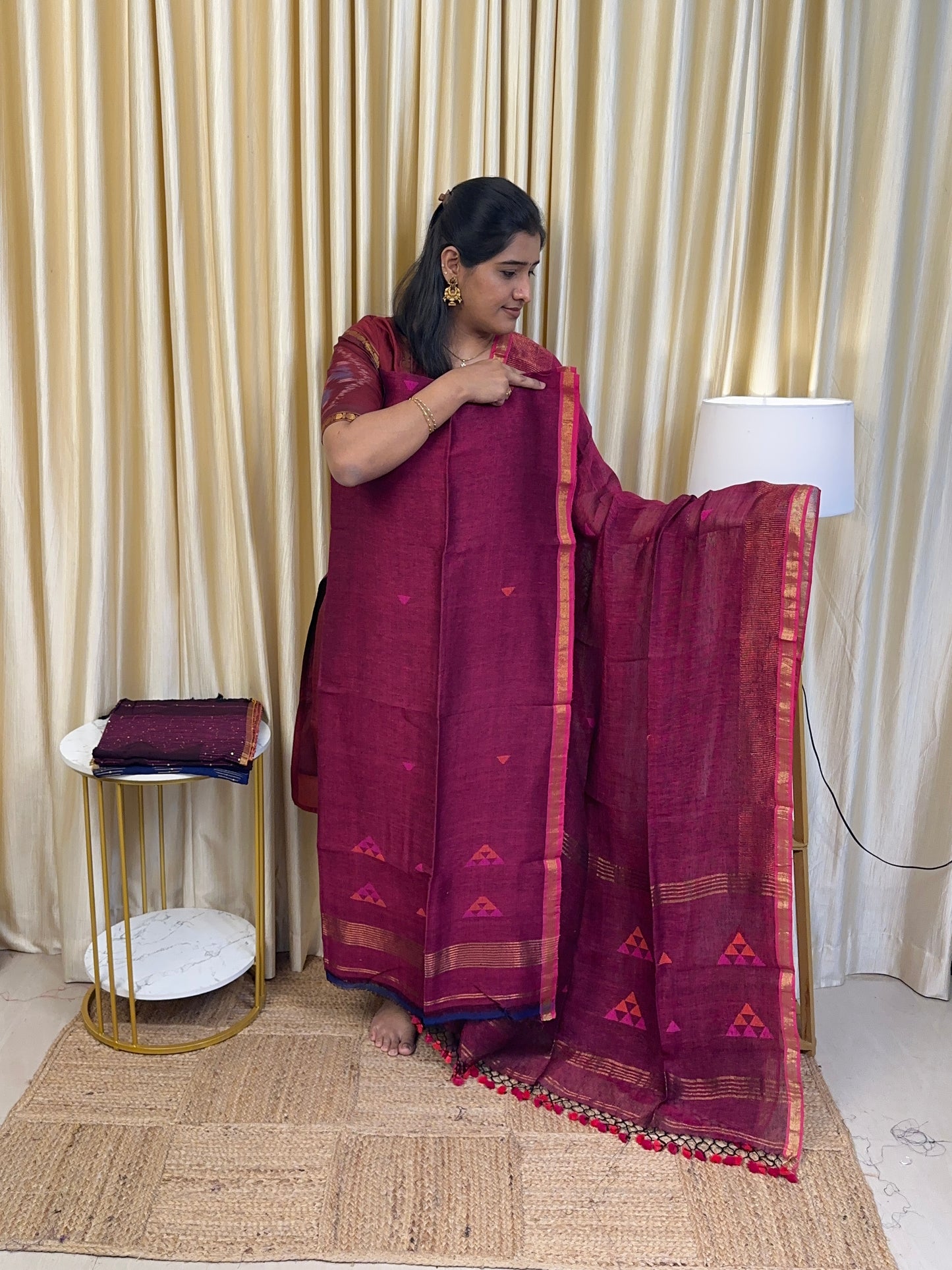 Pure linen handwork Jamdhani SMT-Pinkish red