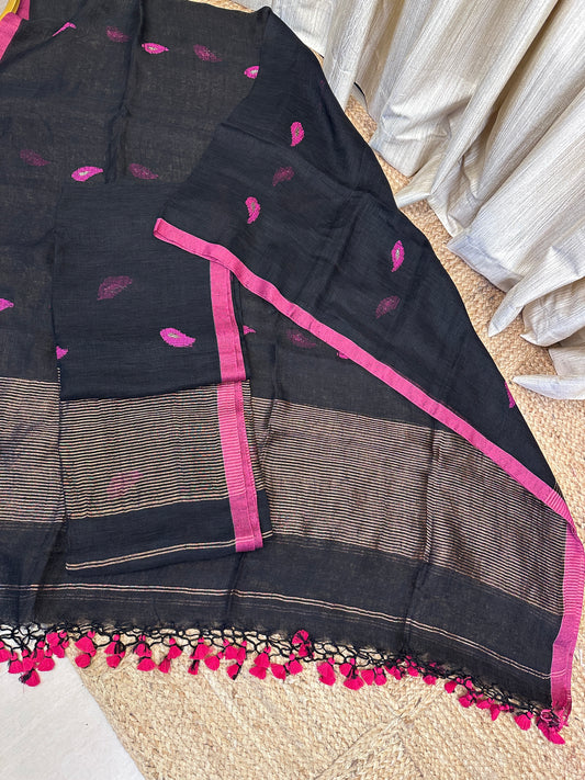 ZARA  Leaf Linen Jamdhani [handwork ] -   black