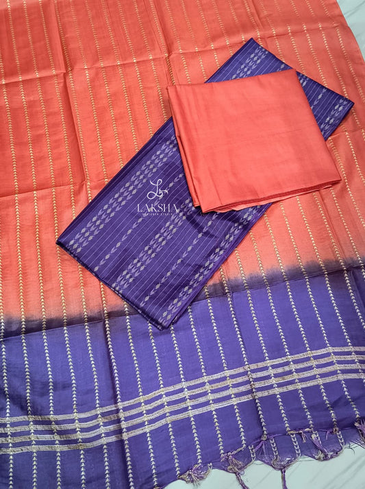 Semi matka tussar [purple and orange  ]3 piece set