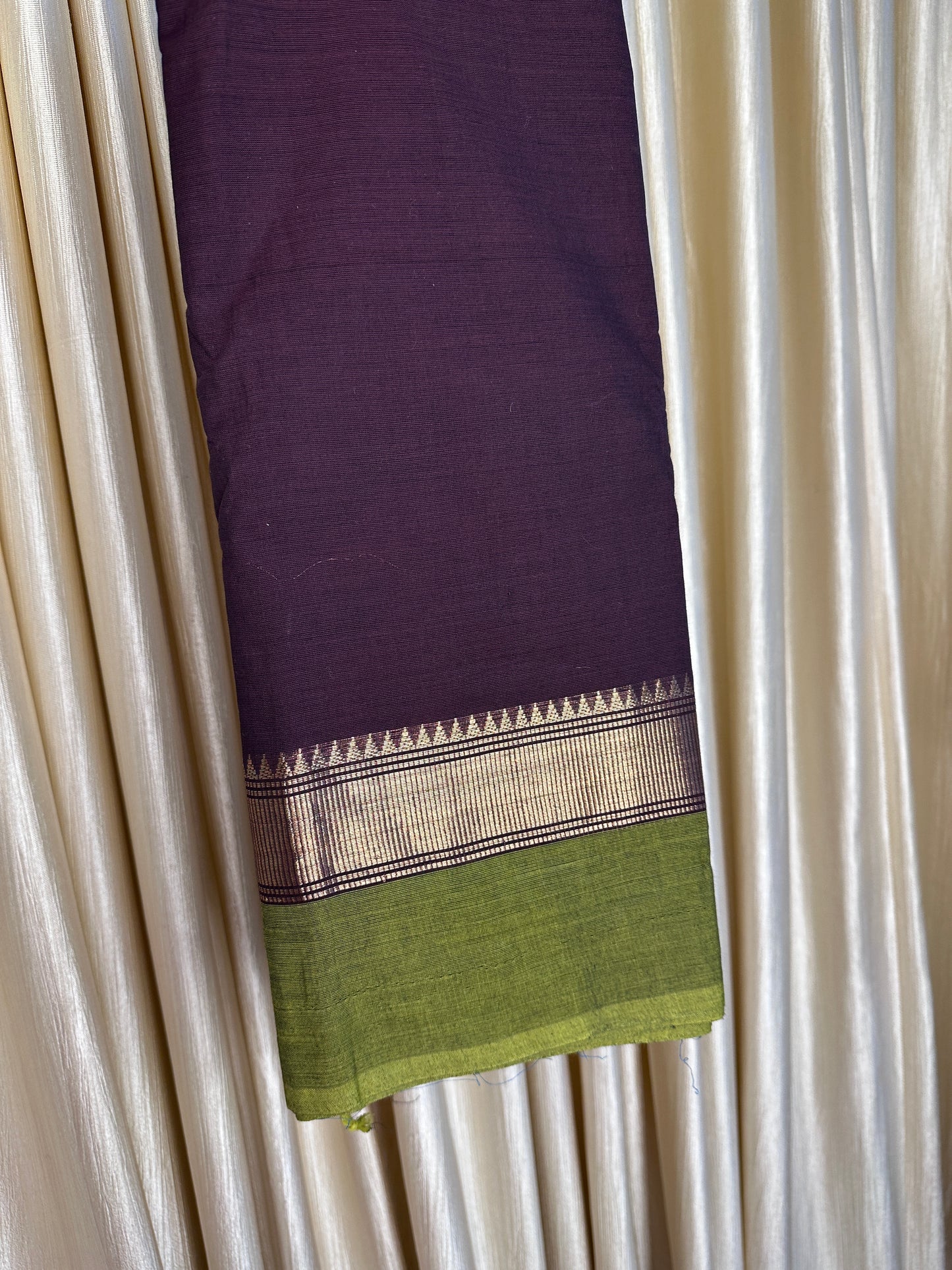 Coffee brown and green Chettinad cotton saree with running blouse