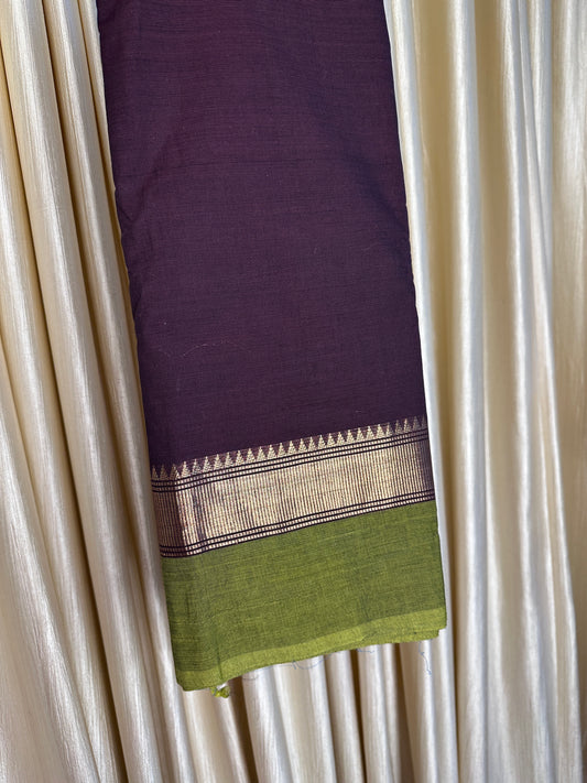 Coffee brown and green Chettinad cotton saree with running blouse