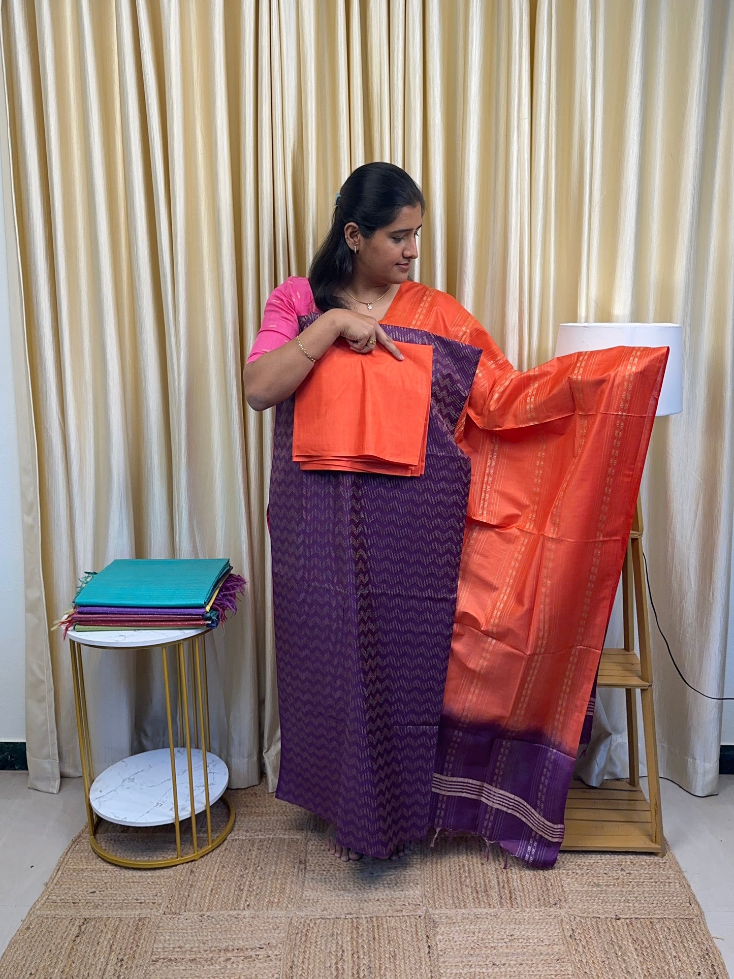 Semi matka tussar [purple and orange  ]3 piece set