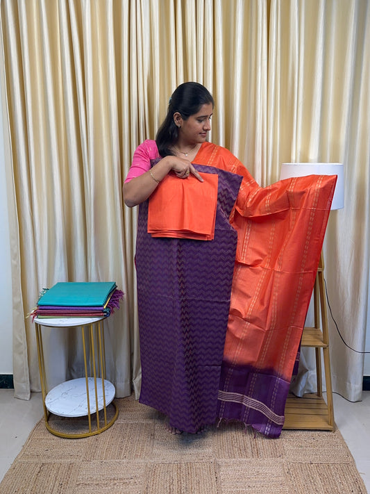 Semi matka tussar [purple and orange  ]3 piece set