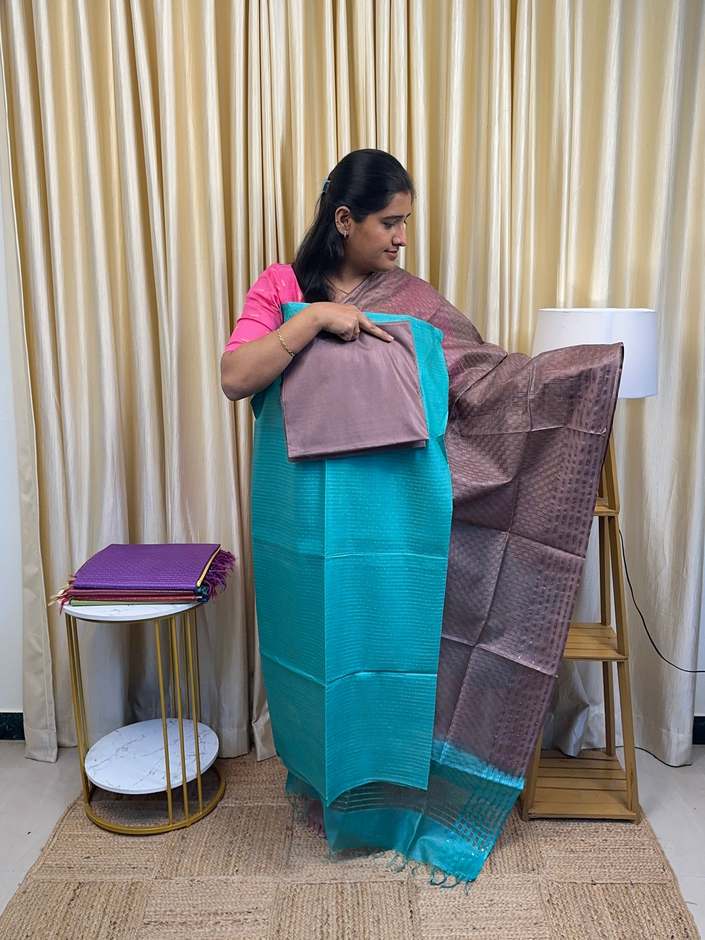 Semi matka tussar [Teal blue and mauve]3 piece set