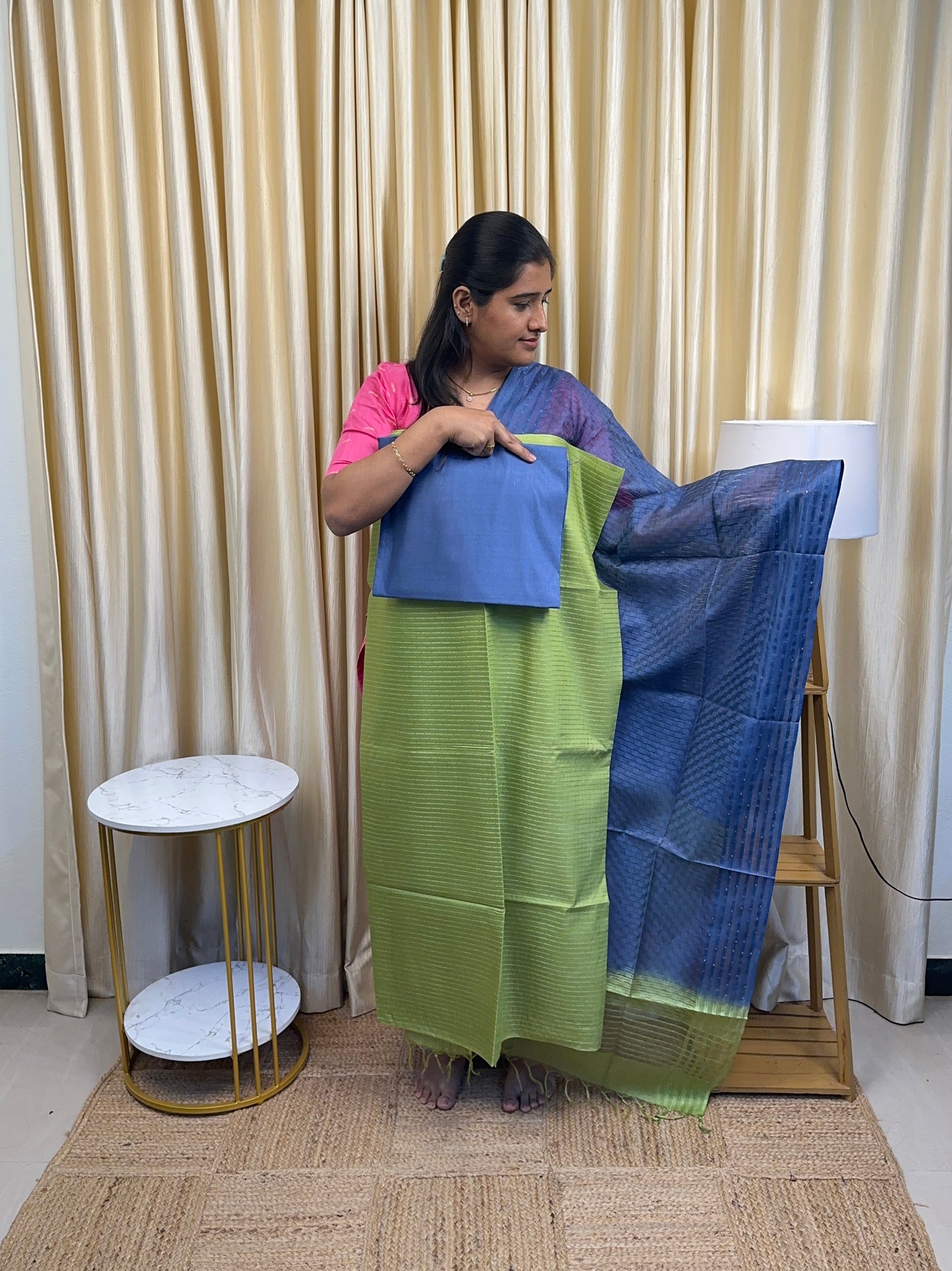 Semi matka tussar [Apple green and periwinkle blue ]3 piece set