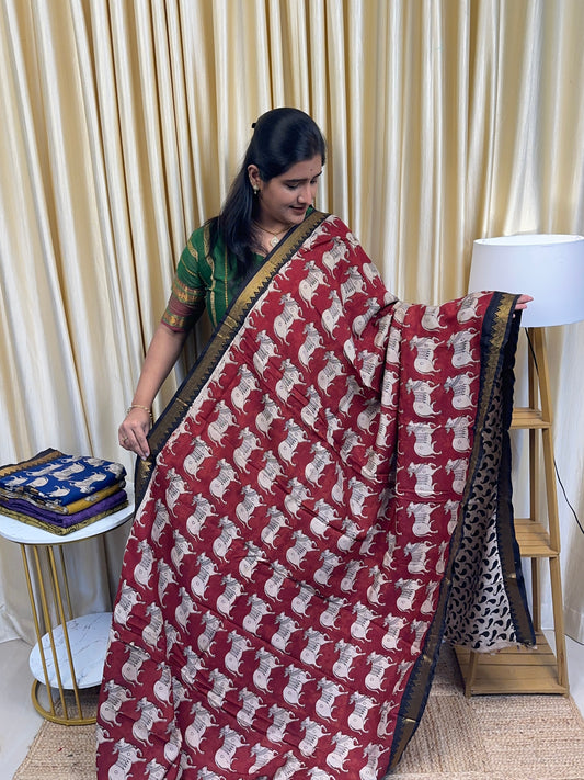 Nandhi Nizam Border Kalamkari Saree-Maroon