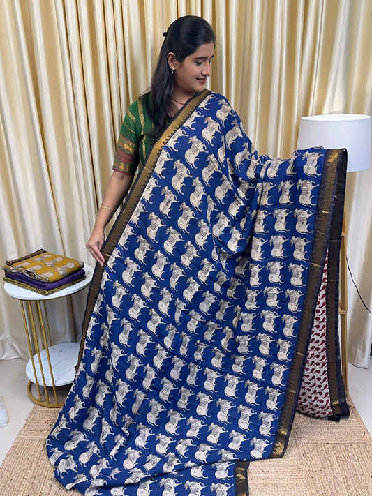 Nandhi Nizam Border Kalamkari Saree-Blue