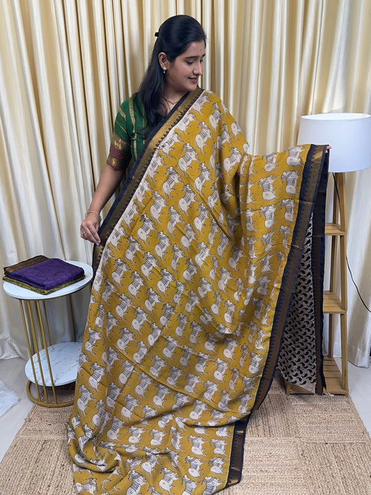 Nandhi Nizam Border Kalamkari Saree-Yellow
