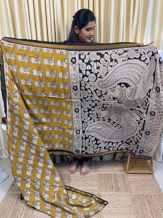 Nandhi Nizam Border Kalamkari Saree-Yellow