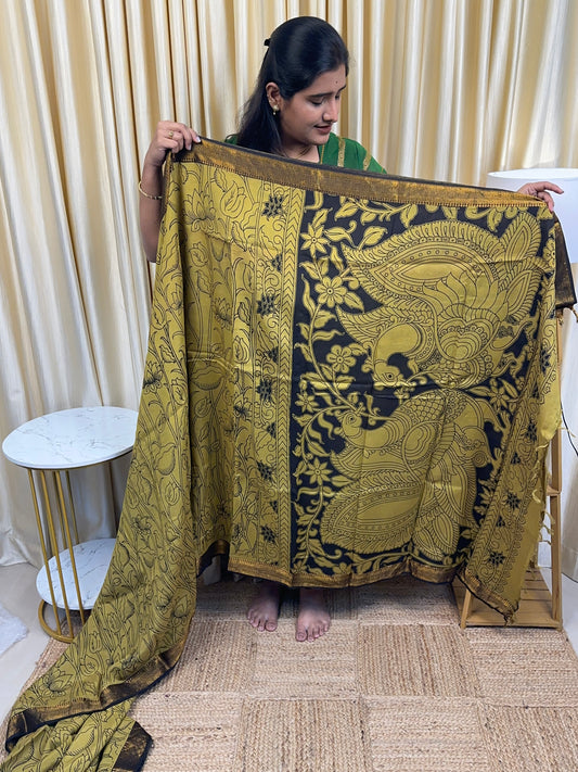 Olive Green Nizam Border Kalamkari Saree
