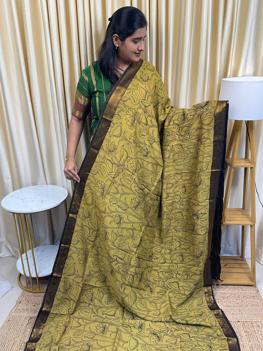 Olive Green Nizam Border Kalamkari Saree