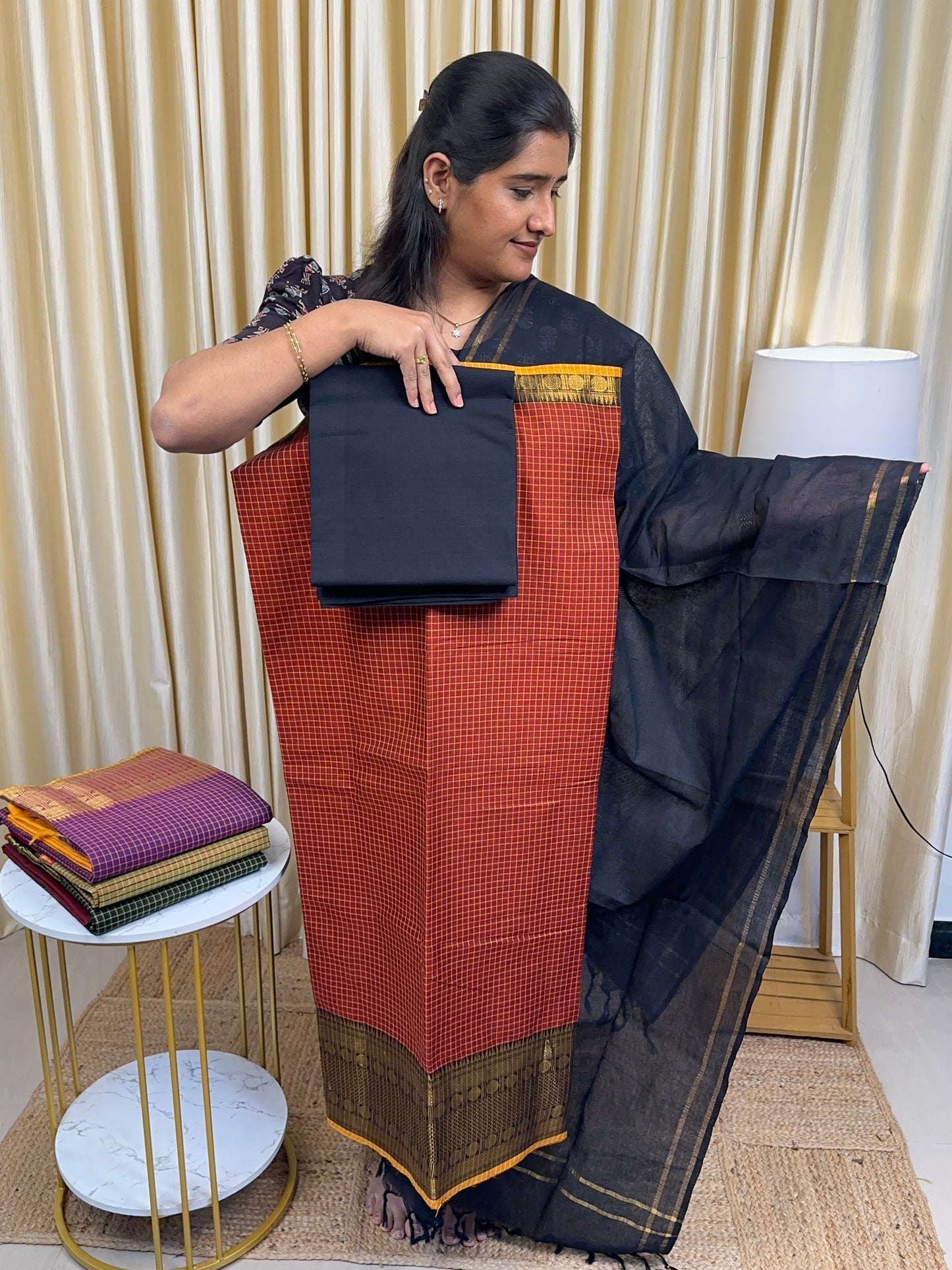 Maroon checks kanchi cotton
