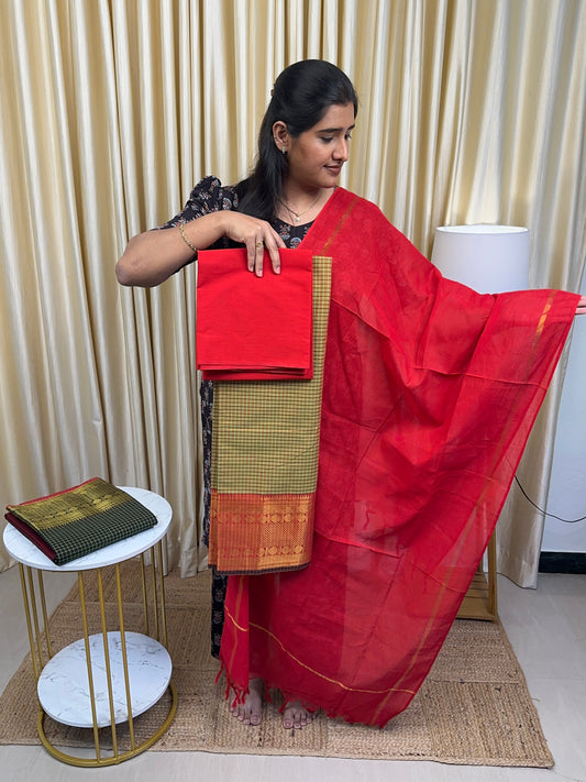 Light green checks kanchi cotton
