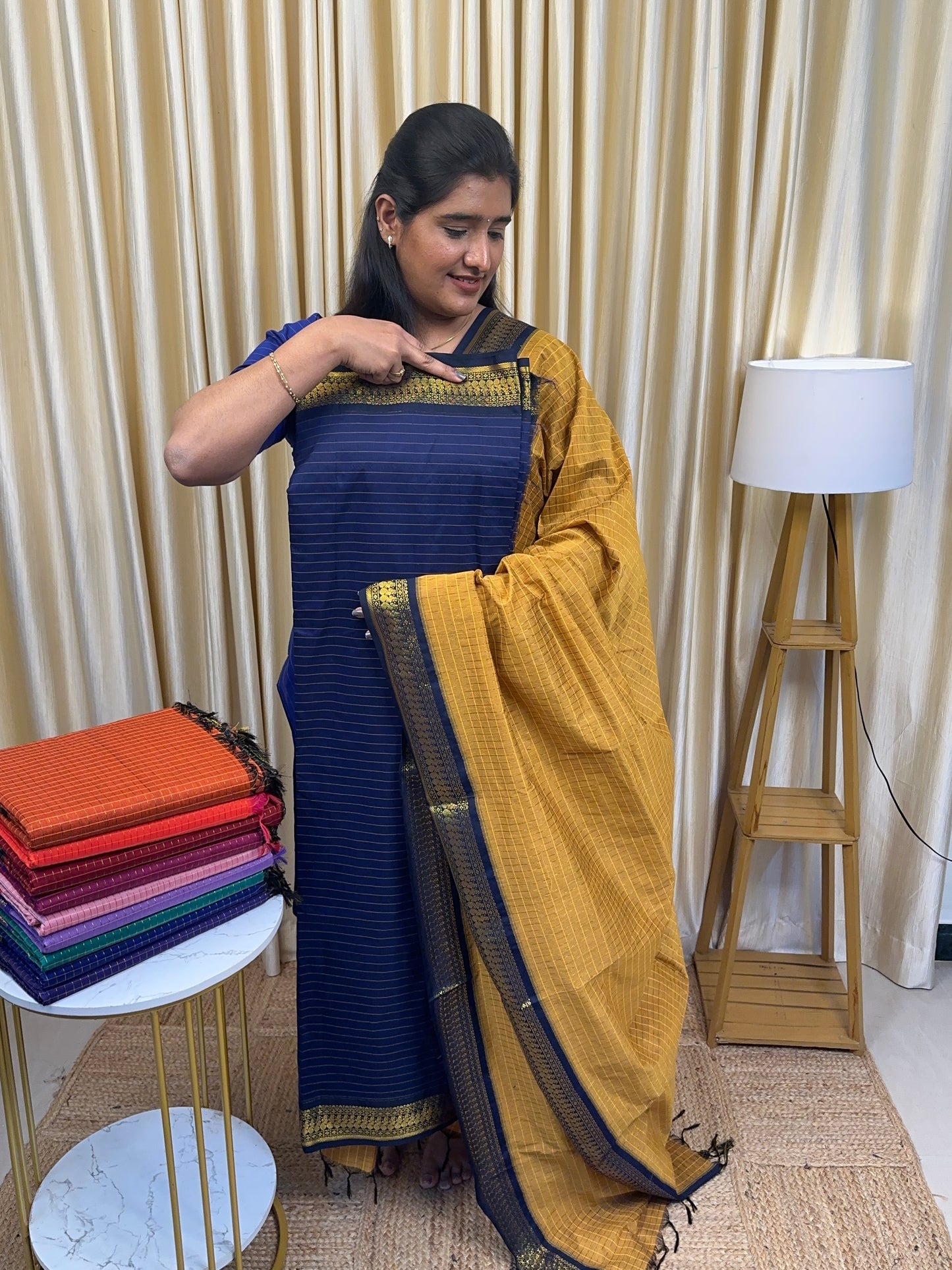 Royal blue and Mustard-kalyani silk by cotton