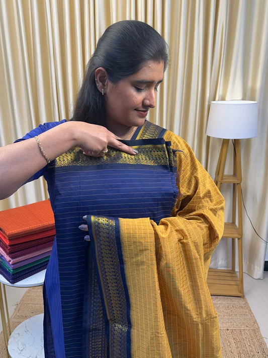 Royal blue and Mustard-kalyani silk by cotton