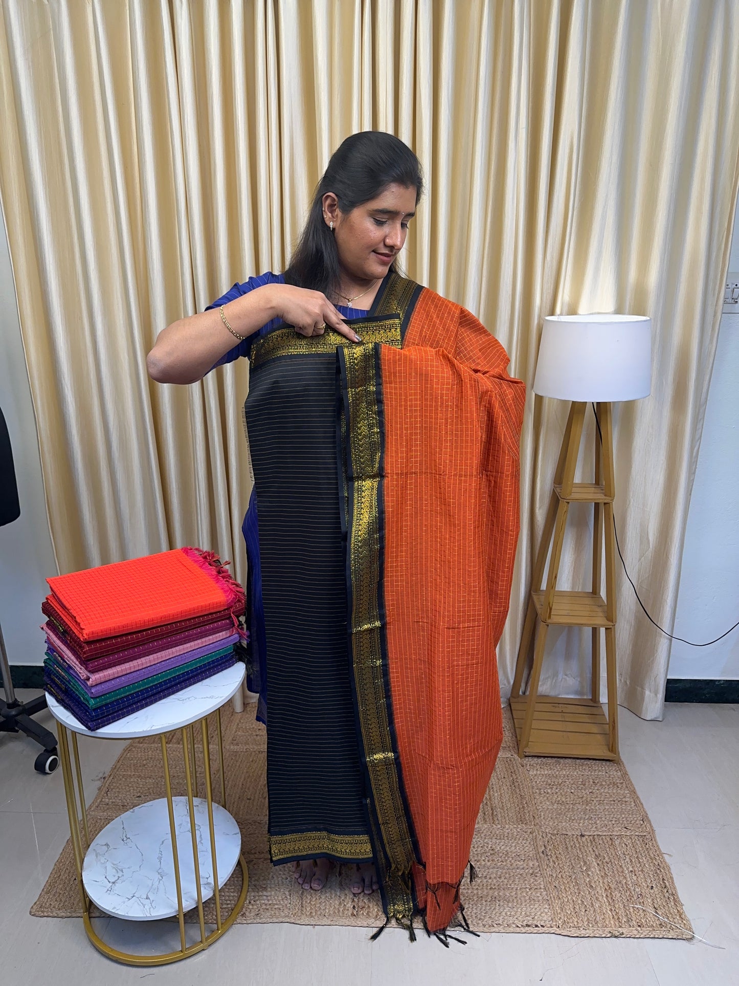 Black and Rust orange-kalyani silk by cotton