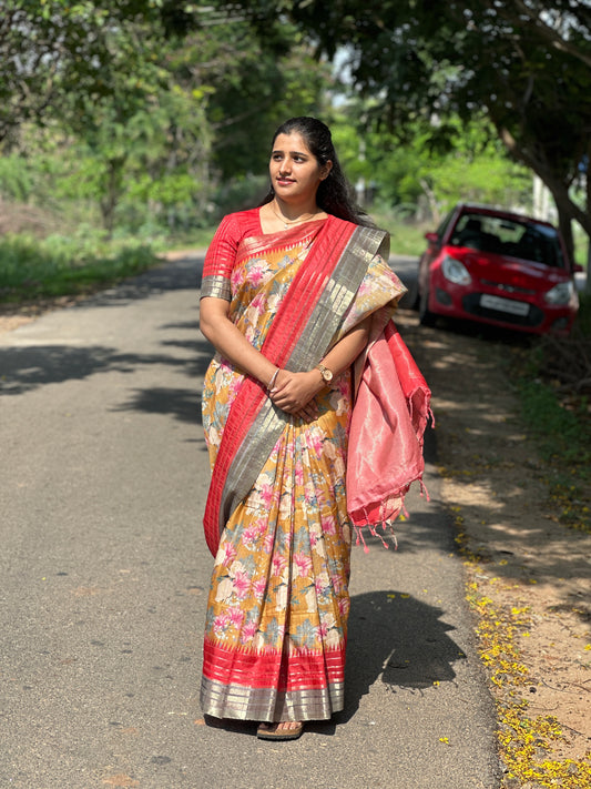 Semi Tussar Silk Sarees-Sunrise Bloom