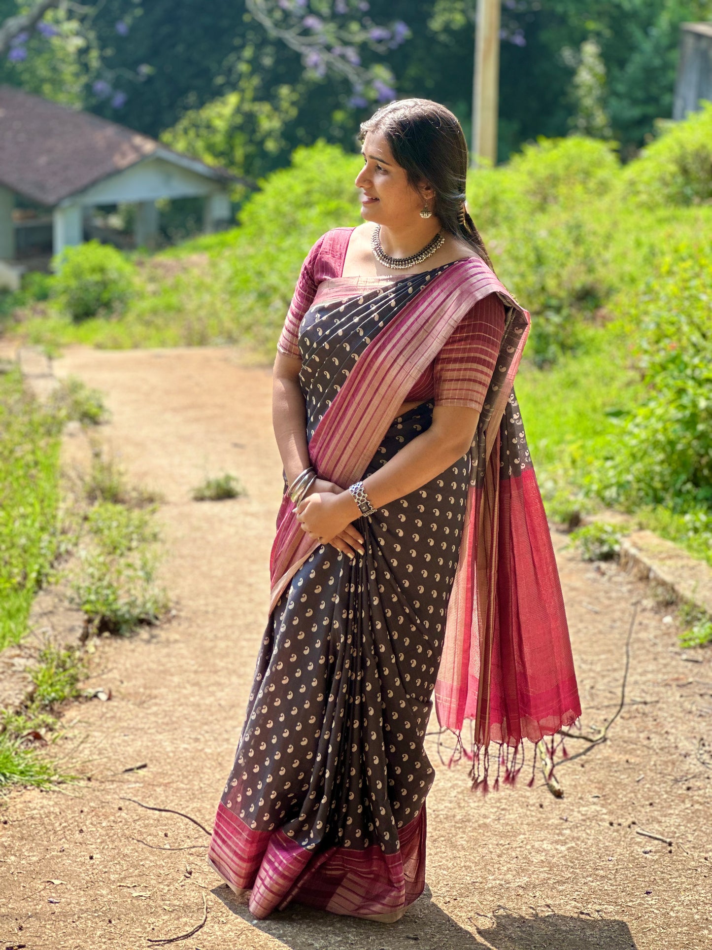 Semi Tussar Silk Sarees-Black and Burgundy