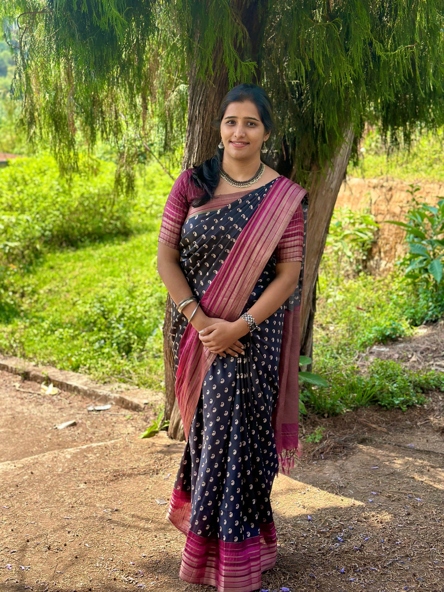 Semi Tussar Silk Sarees-Black and Burgundy