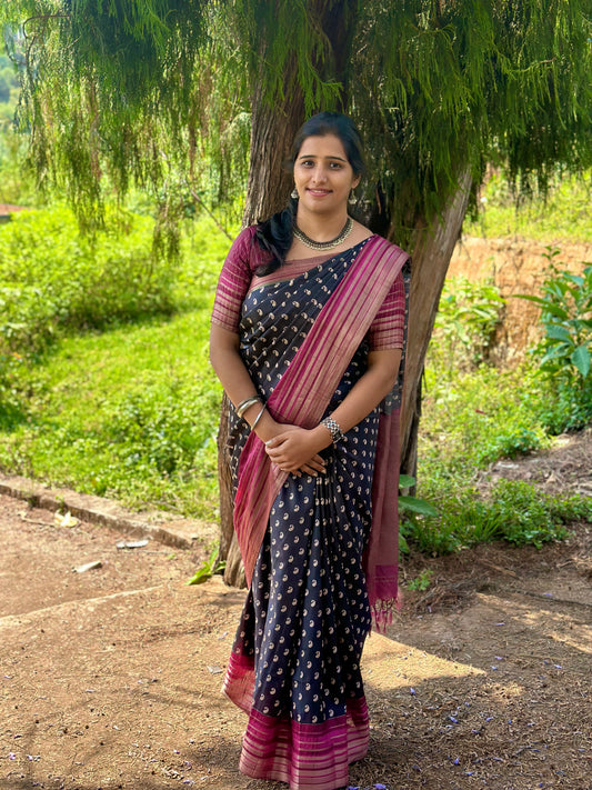 Semi Tussar Silk Sarees-Black and Burgundy