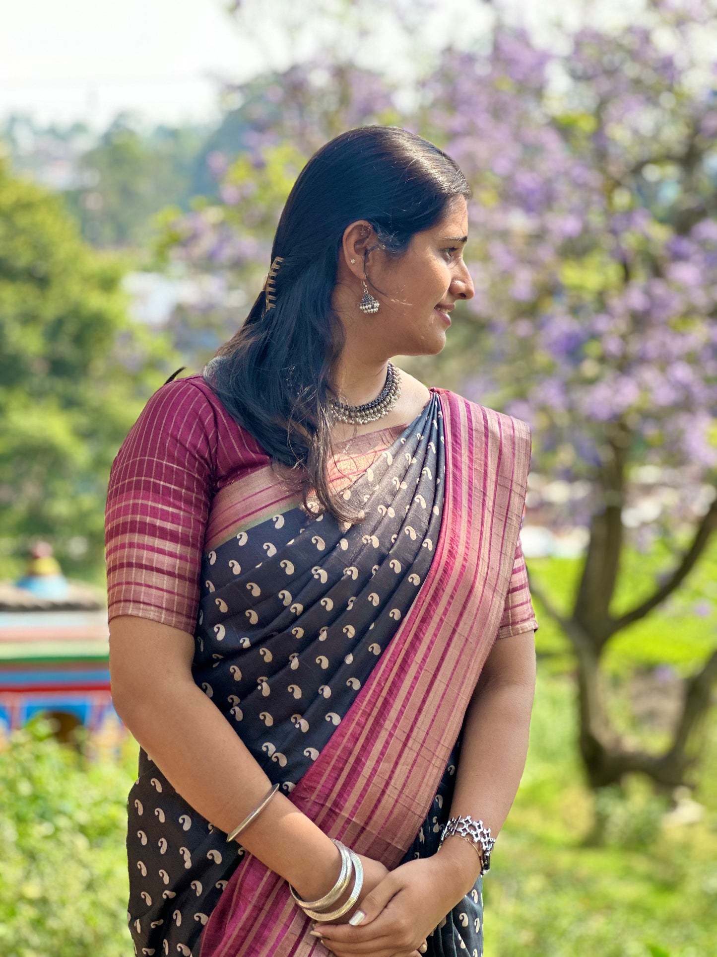 Semi Tussar Silk Sarees-Black and Burgundy