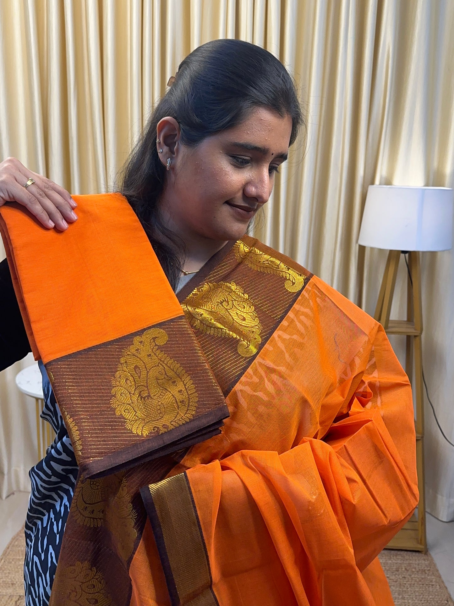 Saffron Mayil border kanchi cotton