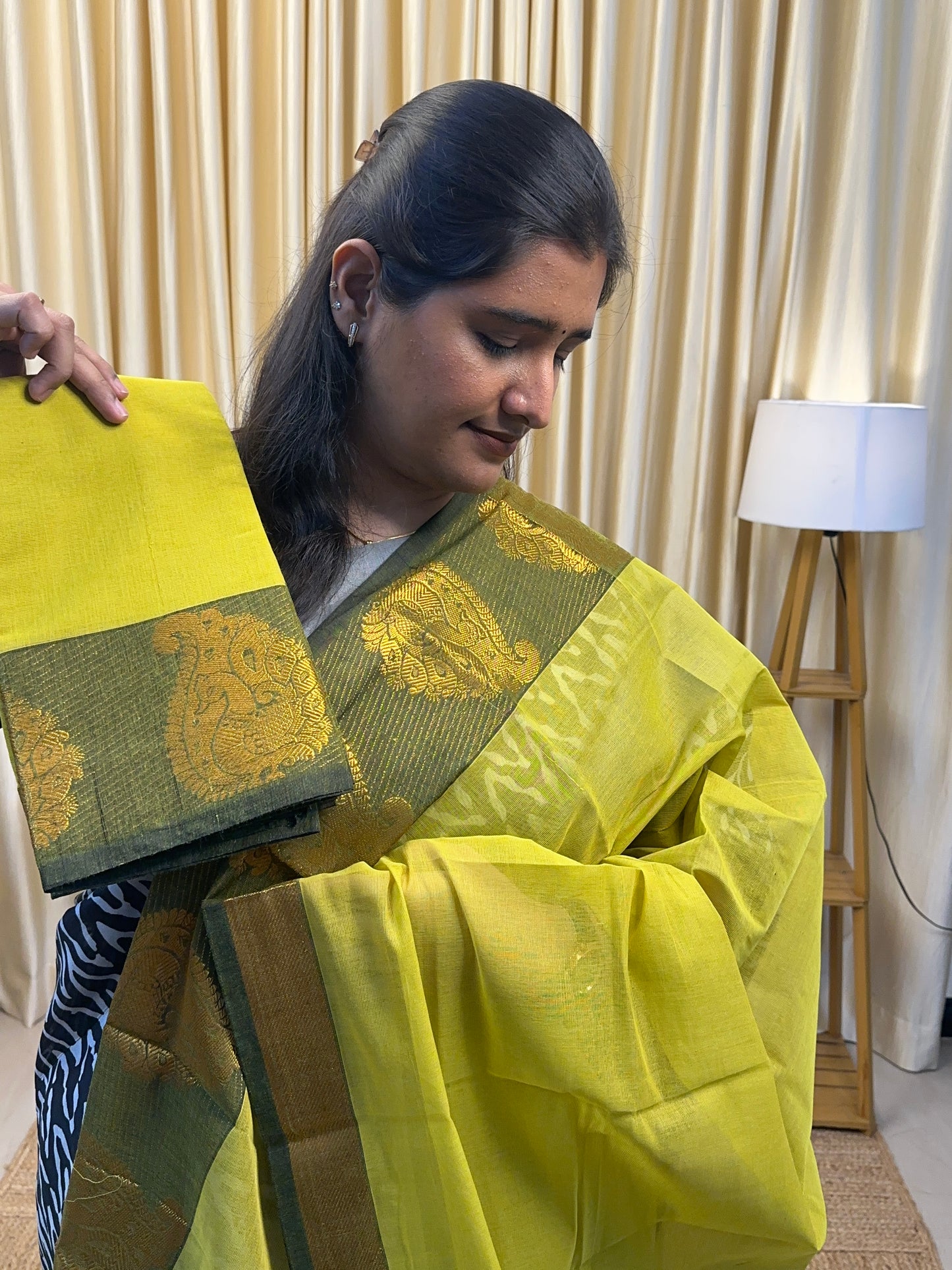 Yellowish Green Mayil border kanchi cotton