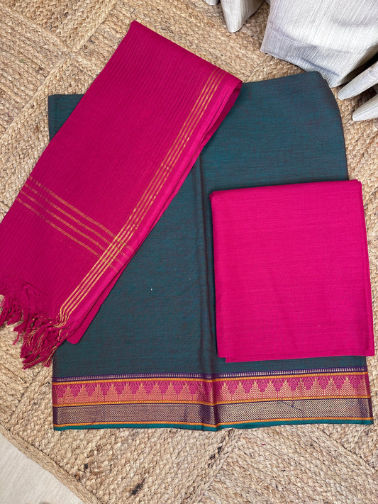 Mangalagiri 3 piece set - peacock and pink