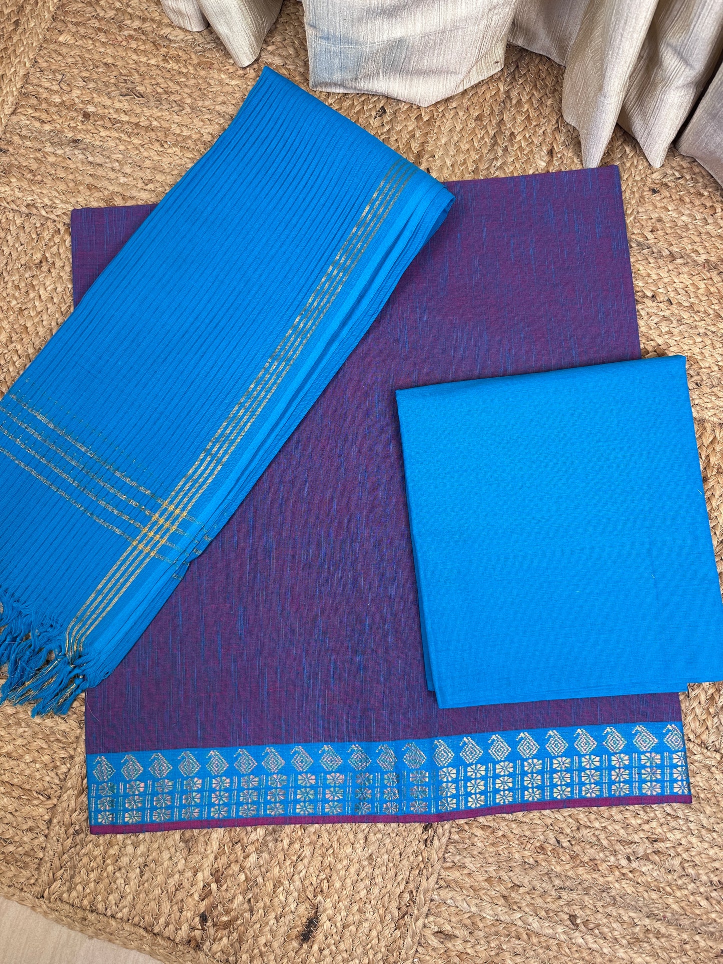 Mangalagiri 3 piece set -Violet and Blue