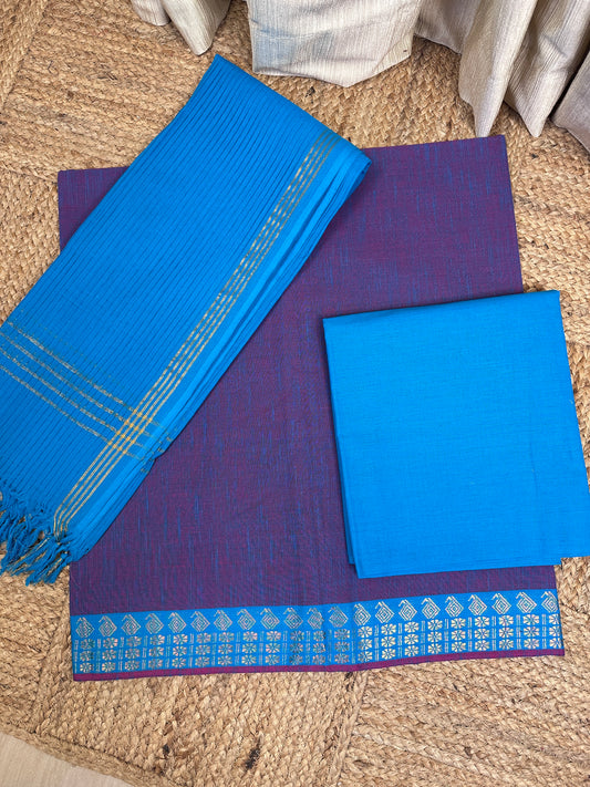 Mangalagiri 3 piece set -Violet and Blue