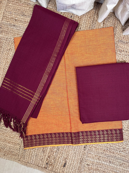 Mangalagiri 3 piece set-Orange and Maroon
