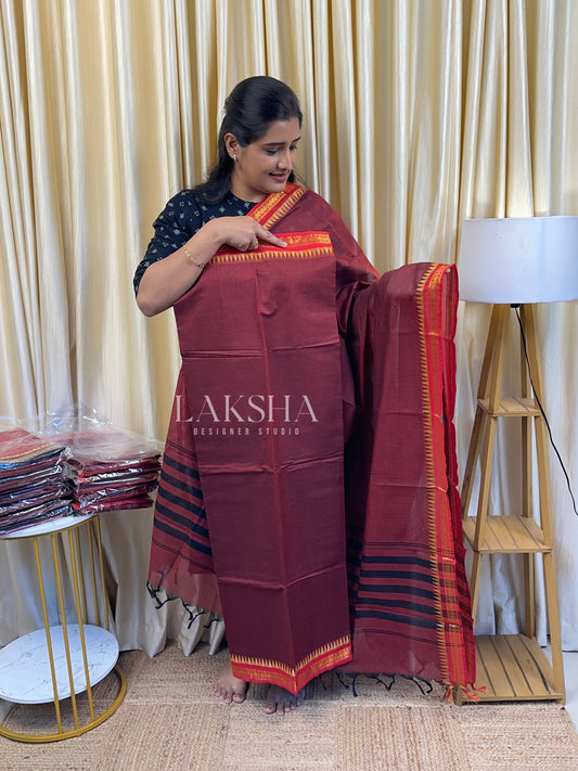 Small Border Kanchi Cotton -(Maroon and Red)