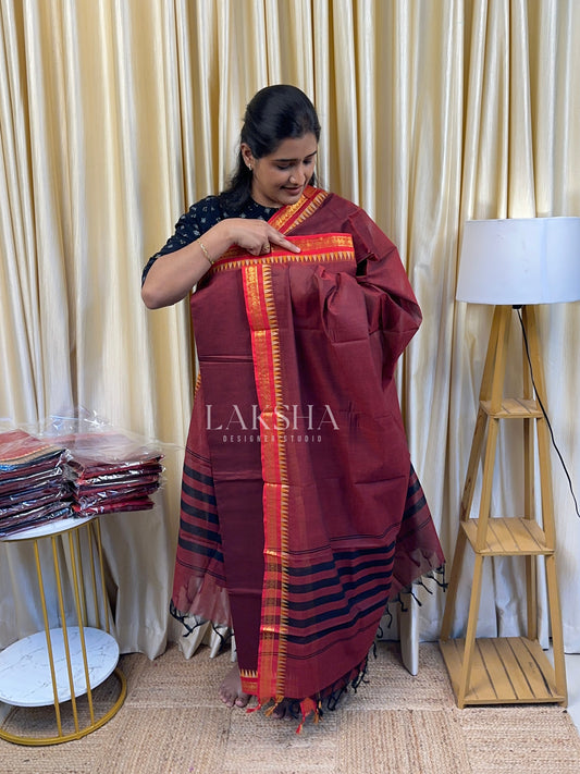 Small Border Kanchi Cotton -(Maroon and Red)