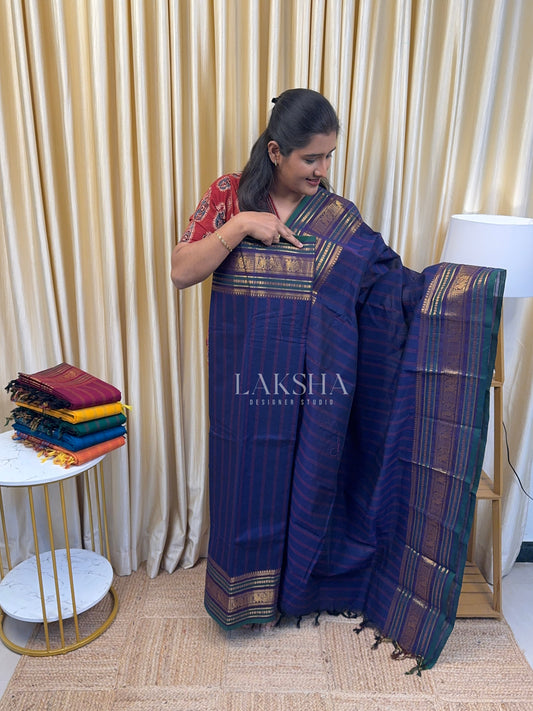 Chettinad Cotton Mayil Border-Dark Blue
