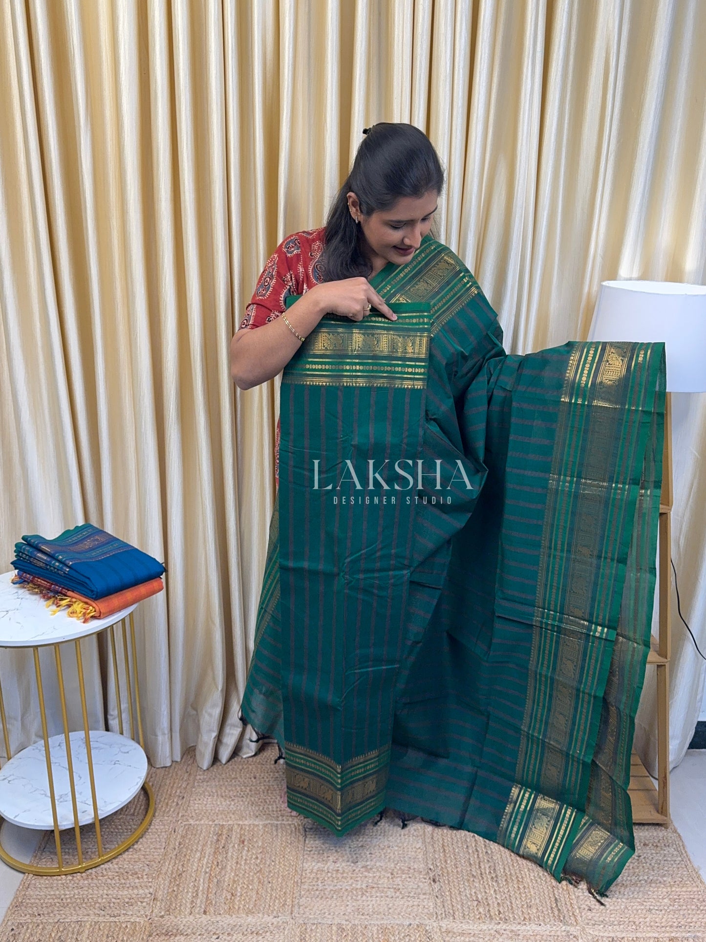 Chettinad Cotton Mayil Border-Bottle Green