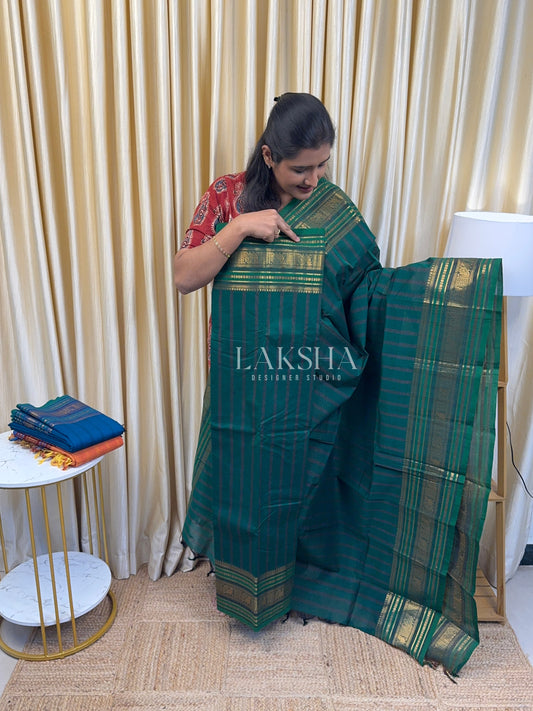 Chettinad Cotton Mayil Border-Bottle Green