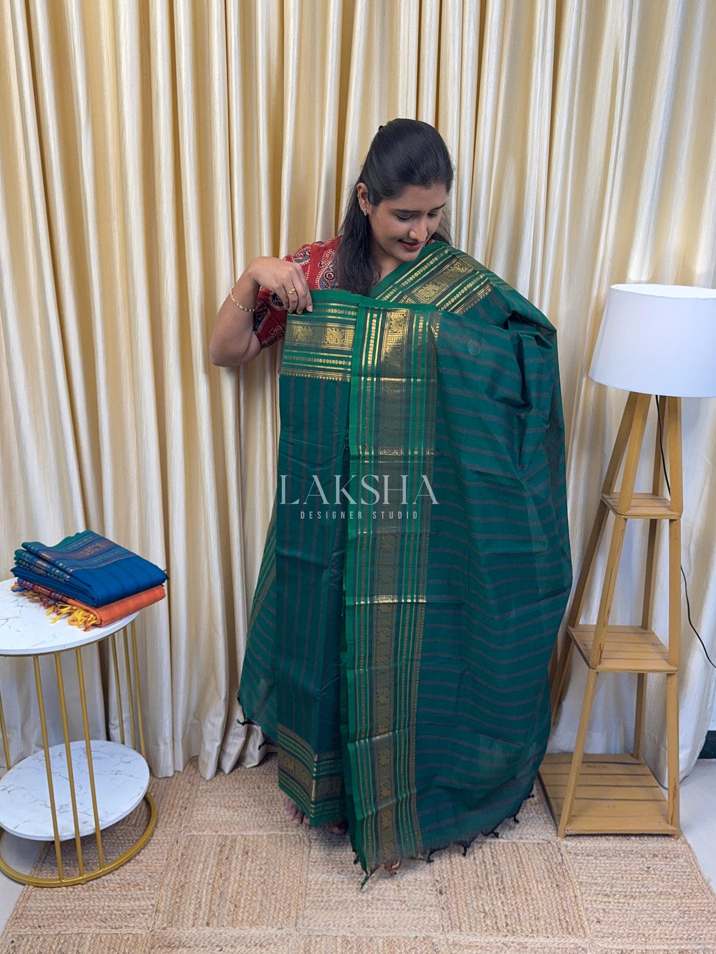 Chettinad Cotton Mayil Border-Bottle Green