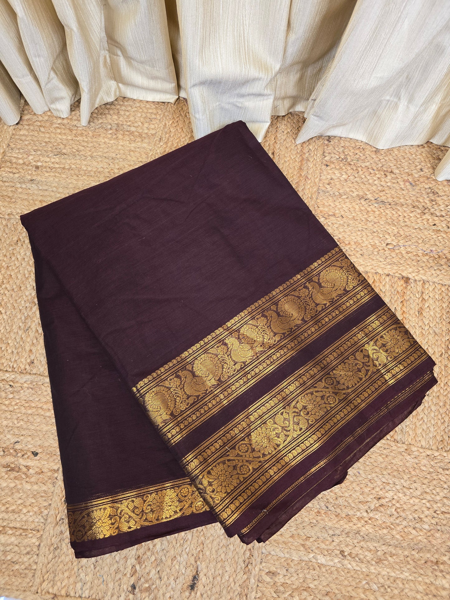 Cut and Fit Chettinad Cotton Running Material(1 METER)-Royal border Coffee Brown