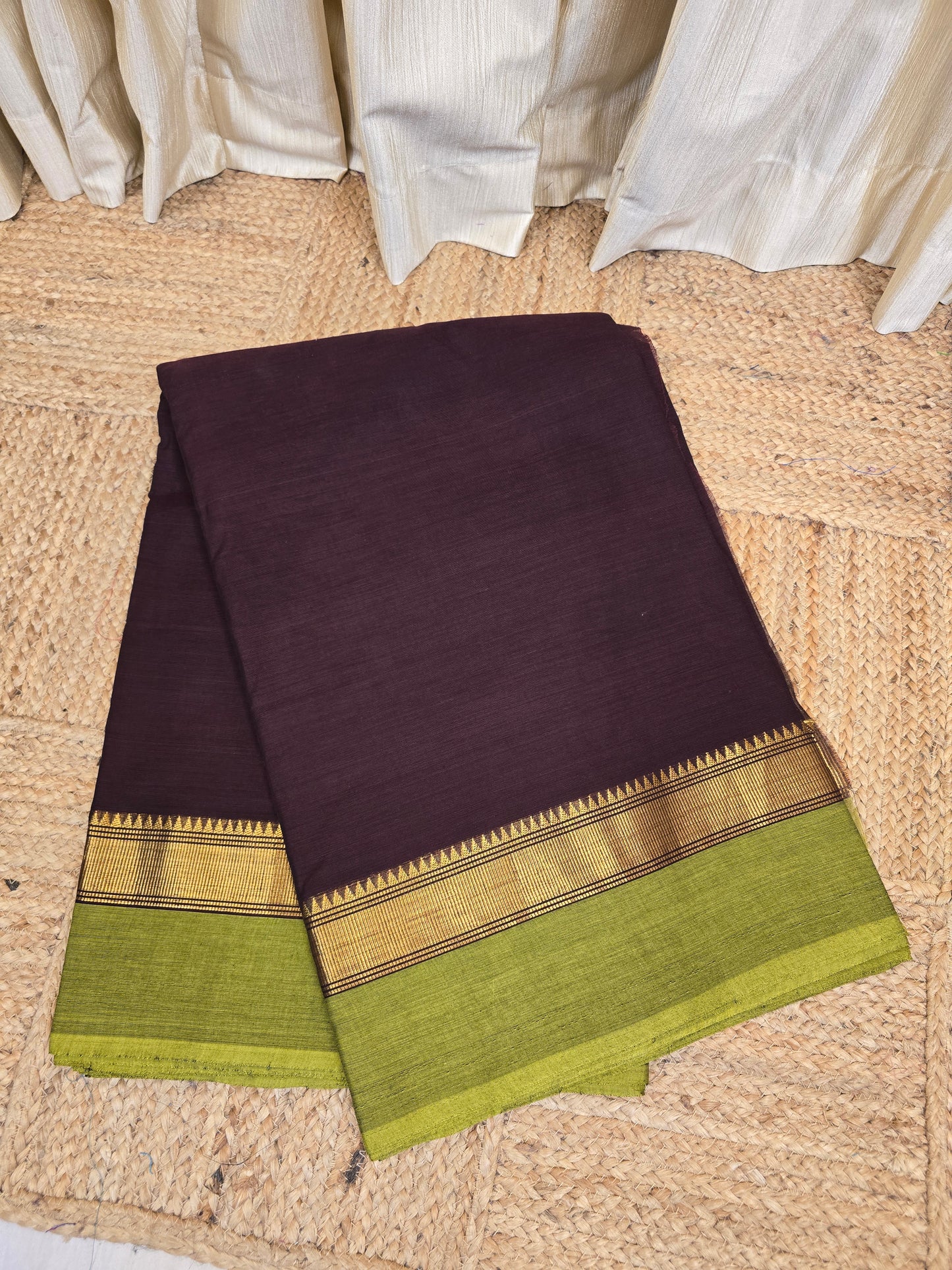 Cut and Fit Chettinad Cotton Running Material(1 METER)-Coffee Brown and Green